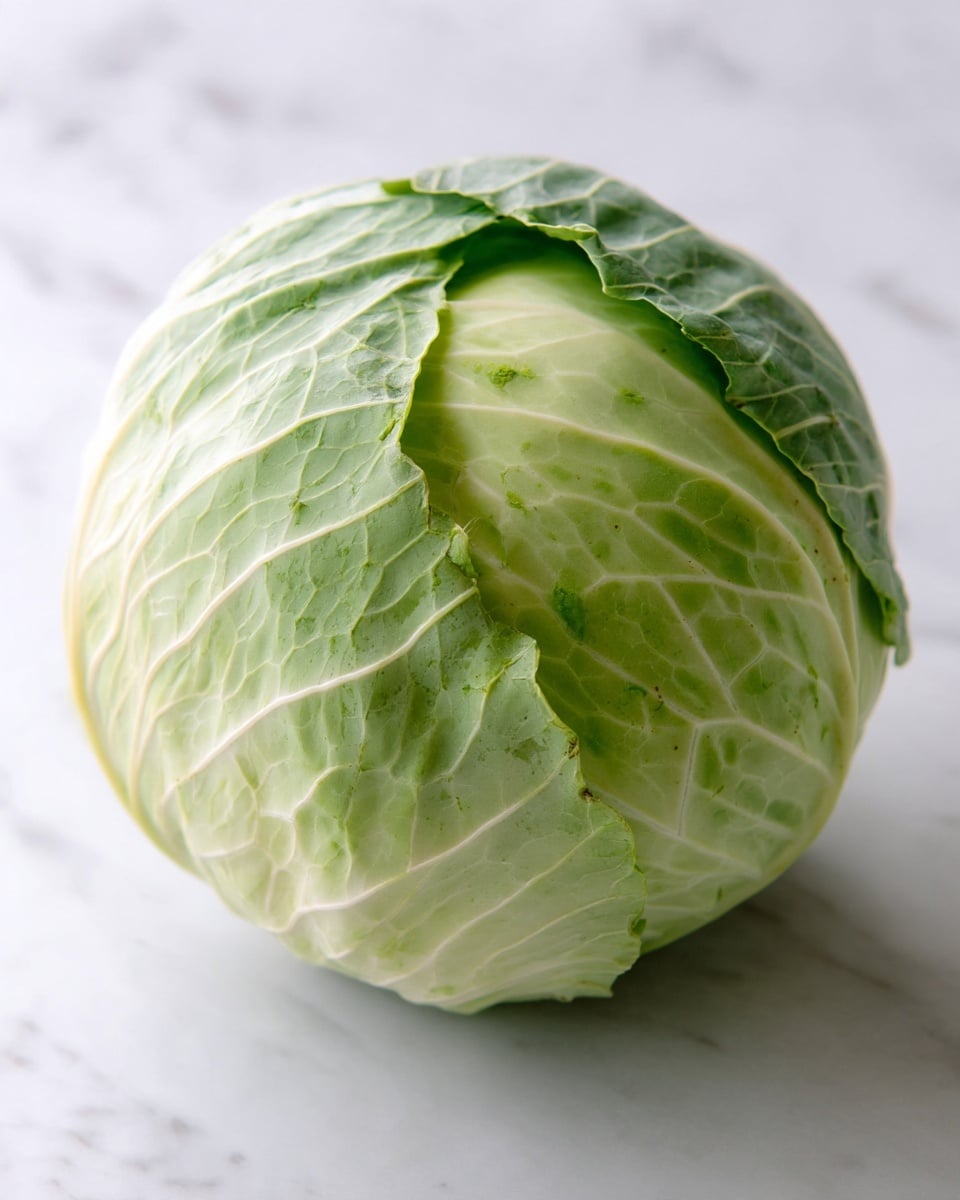 A whole round cabbage with light green, tightly packed outer leaves that have visible veins and a slightly rough texture. The cabbage sits alone on a white marbled surface, showing its natural, uneven shape and soft pale green color with subtle yellowish spots. The top shows a small stem area while the rest of the outer leaves curve smoothly around the head, creating a layered look. photo taken with an iphone --ar 4:5 --v 7