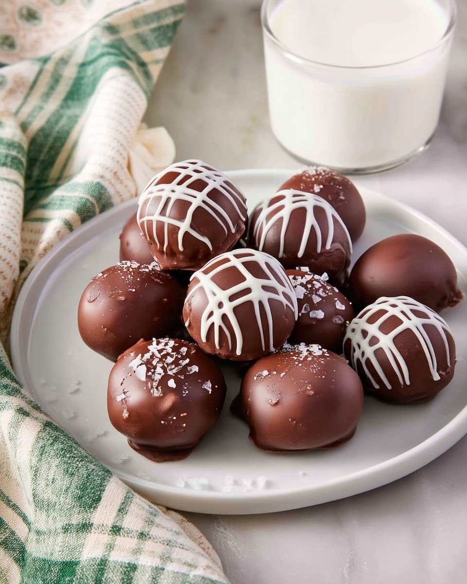 A small pile of round chocolate-covered treats sits on a white plate, each one smooth and shiny, with some decorated with white chocolate lines creating a crisscross pattern, and others sprinkled with small bits of sea salt on top, giving a mix of smooth and slightly bumpy textures. The plate rests on a white marbled surface next to a soft cloth with a green and cream pattern, and a glass of white milk is partially shown in the background. Photo taken with an iphone --ar 4:5 --v 7