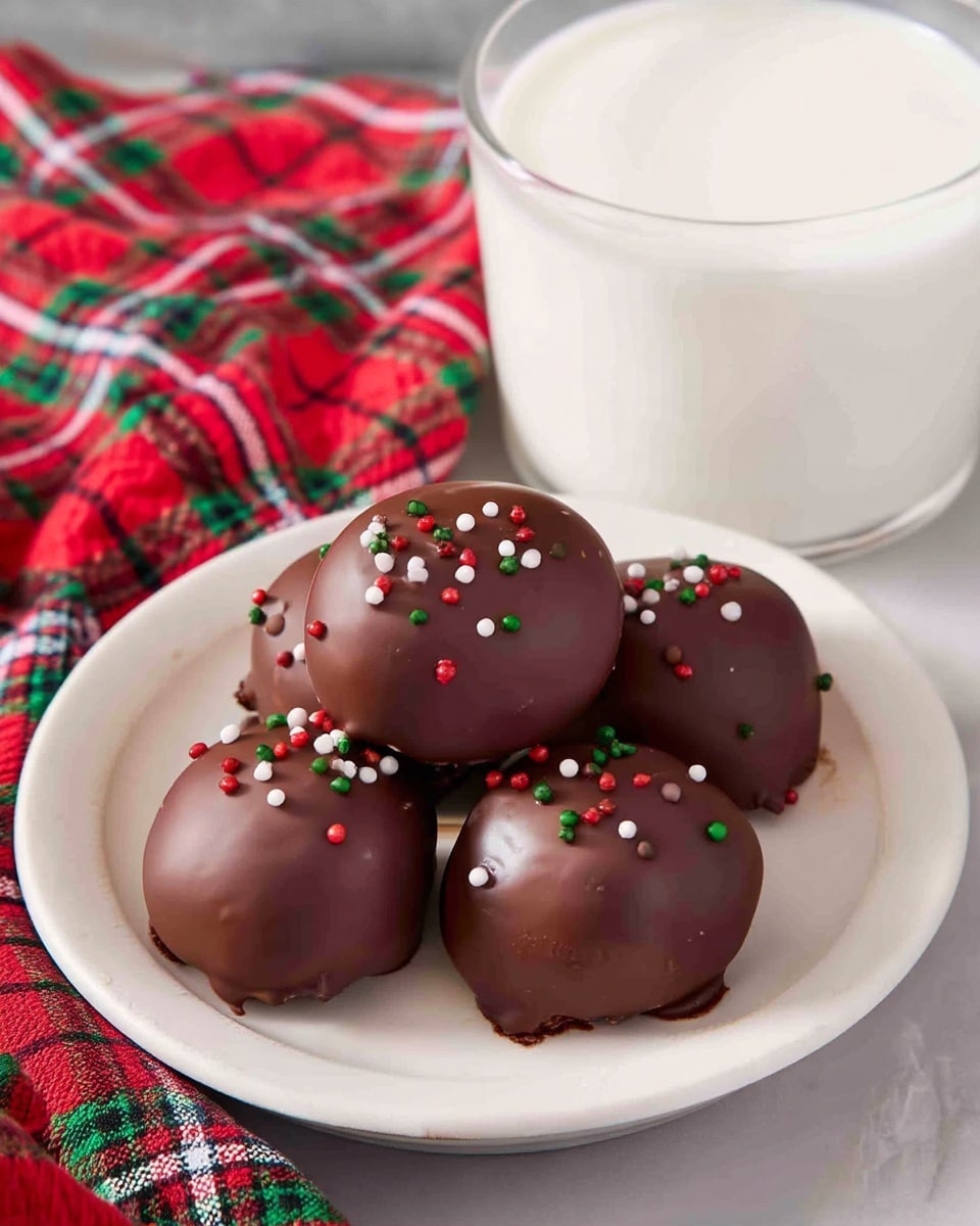 A white plate holds five round chocolate-coated treats stacked in a pyramid shape, each with a smooth, shiny dark brown chocolate layer as the base. On top of each treat, there are tiny red, white, and green round sprinkles scattered unevenly, adding a festive look. Behind the plate, there is a glass filled with white milk and a red, green, and white plaid cloth with a soft texture. The entire scene sits on a white marbled surface. photo taken with an iphone --ar 4:5 --v 7