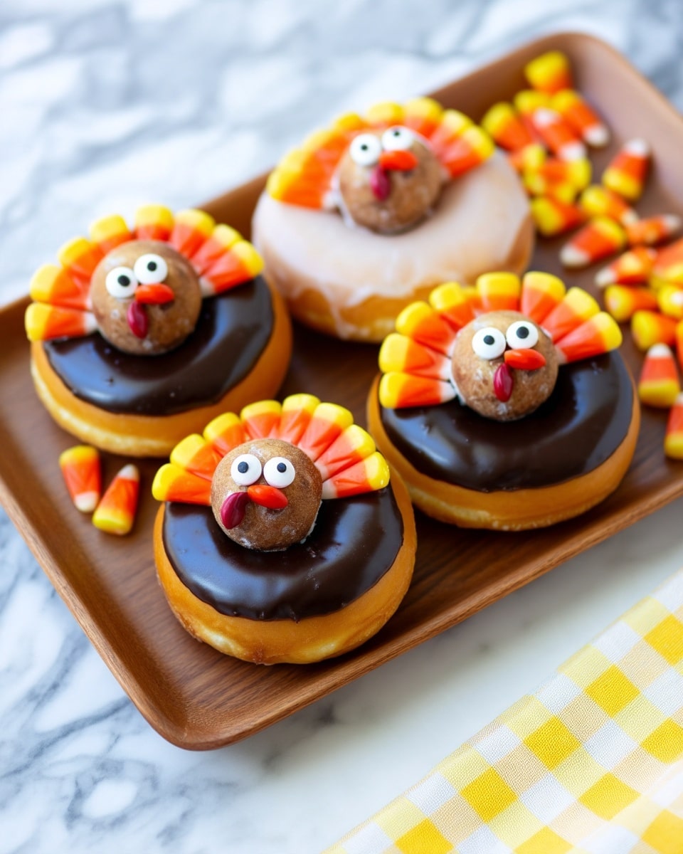 The image shows six round donuts placed on a wooden board with a white marbled surface underneath. Each donut has a smooth icing layer, three with light tan icing and three with dark chocolate icing. On top of each donut, there is a small round ball resembling a turkey head with two large candy eyes. Behind the head, candy corn pieces are arranged in a fan shape to look like colorful turkey feathers, with bright bands of yellow, orange, and white. Two small candy pieces form the turkey's beak and red wattle, adding a playful touch. Scattered around the board and the surface are a few loose candy corns. In the background, there are small decorative pumpkins, and a white and yellow checkered cloth is partially visible. Photo taken with an iphone --ar 4:5 --v 7