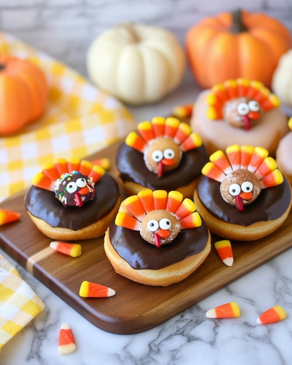A round donut with a light yellow base is topped with smooth, dark chocolate glaze covering the entire top. On top of the donut is a small, round ball covered in colorful sprinkles as the turkey's head, decorated with two large white candy eyes and a small orange candy for the beak and a red candy as the wattle. Around this ball, several candy corn pieces with yellow, orange, and white layers form the turkey's tail feathers, fanned out in a semi-circle. The donut sits on a wooden board with more candy corn scattered around, all placed on a white marbled surface. photo taken with an iphone --ar 4:5 --v 7