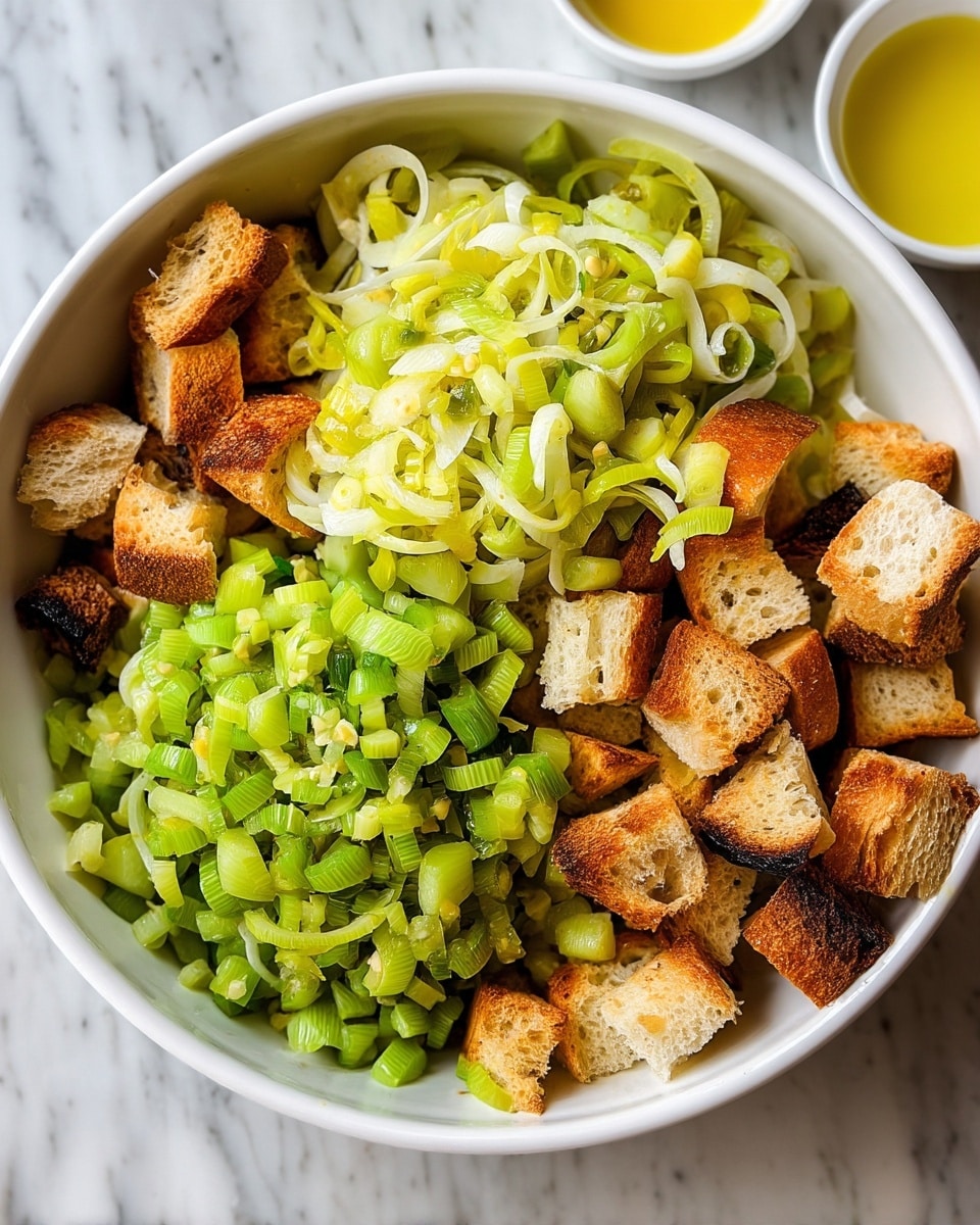 A white bowl filled with three layers: the bottom layer is golden brown toasted bread cubes with some darker toasted spots, the middle layer is chopped light green celery pieces, and the top layer is a mound of thinly sliced leeks in various shades of pale green, showing light steam rising. The bowl sits on a white marbled surface, with a small white bowl containing a yellow liquid blurred in the background. photo taken with an iphone --ar 4:5 --v 7