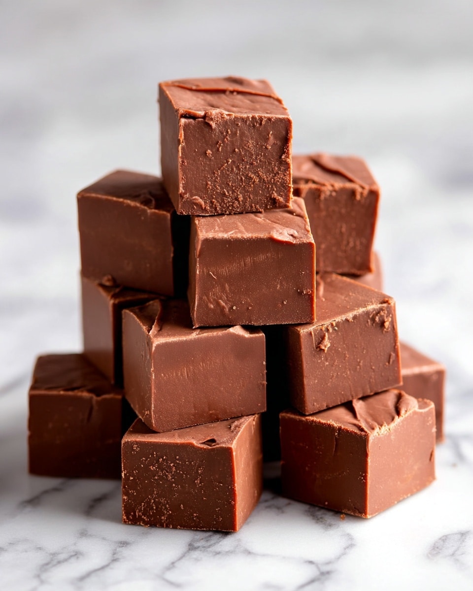 A stack of smooth chocolate fudge cubes is arranged in a pyramid shape on a white marbled surface. Each cube has a rich brown color with a slightly glossy finish and small, gentle creases on the top surface. The cubes show clean edges and a dense, creamy texture. The overall look is simple and neat, focusing on the uniform shape and rich chocolate tone. photo taken with an iphone --ar 4:5 --v 7