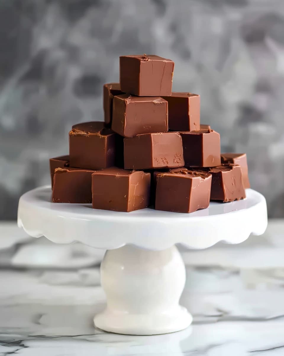 A white cake stand holds a pyramid stack of smooth milk chocolate fudge cubes, arranged in four layers, each cube shiny with clean edges. The bottom layer has the most cubes, forming a solid base, with each layer above gradually smaller, creating a neat triangular shape. The background is a soft gray blurred texture, and the surface below is a white marbled texture. photo taken with an iphone --ar 4:5 --v 7