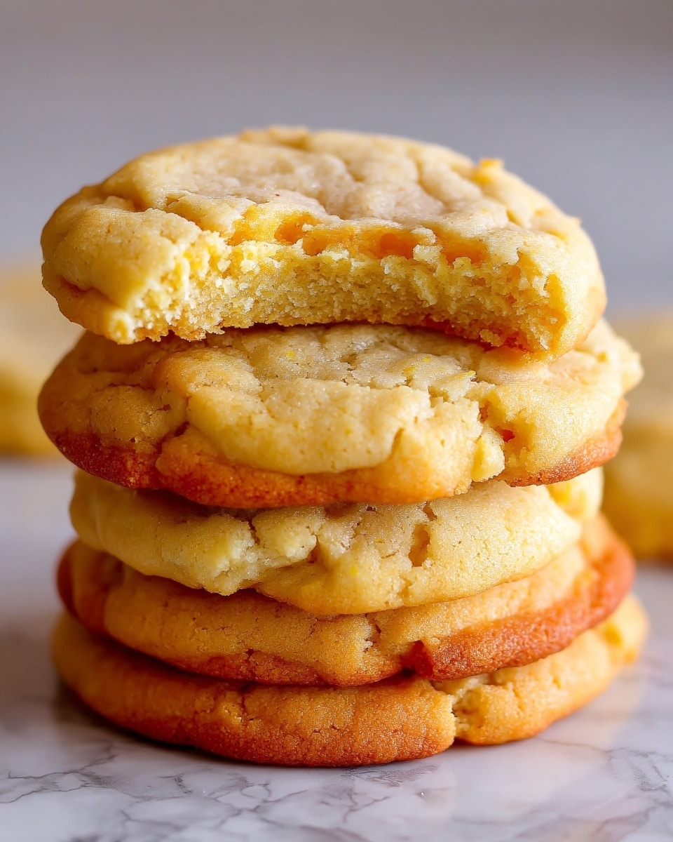 A tall stack of seven soft, thick cookies with a light golden color and a slightly cracked surface sits on a white marbled texture. The cookies have a fluffy, crumbly texture with uneven edges. In the background, there is a blurred second stack of cookies, slightly out of focus, giving depth to the image. The overall lighting is bright and natural, highlighting the softness and texture of the cookies. Photo taken with an iphone --ar 4:5 --v 7