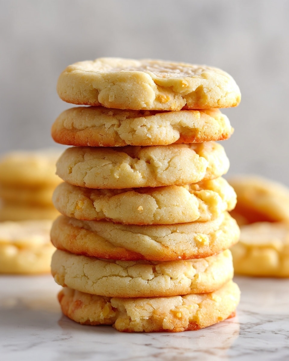 A close-up of a stack of soft, thick cookies with a golden color. The cookie in front has a bite taken out of it, showing a slightly crumbly and soft inside with a light golden crust. The cookies have a smooth but slightly uneven surface with small cracks. They are placed on a white marbled texture. The photo has a warm and inviting feel. Photo taken with an iphone --ar 4:5 --v 7