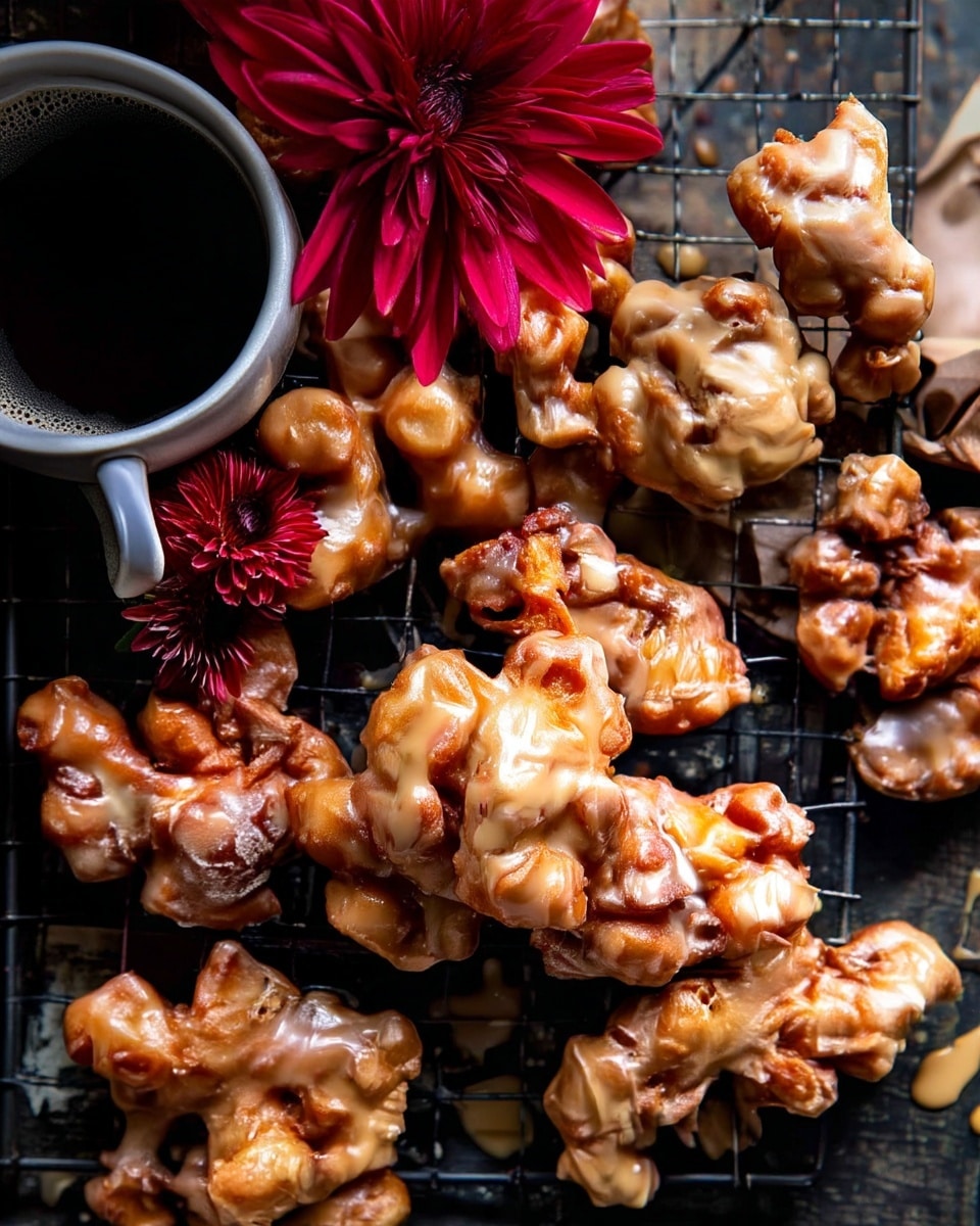 The image shows a group of irregular shaped golden brown fritters with a light glaze coating, placed on a black cooling rack over a dark surface. The fritters have a rough and bumpy texture with small crunchy bits visible. In the top left corner, there is a white cup filled with dark liquid, partially visible next to a deep red flower adding a pop of color. Brown paper pieces are placed on the side, giving a rustic feel. The overall mood is warm and cozy, with the fritters as the main focus. Photo taken with an iphone --ar 4:5 --v 7