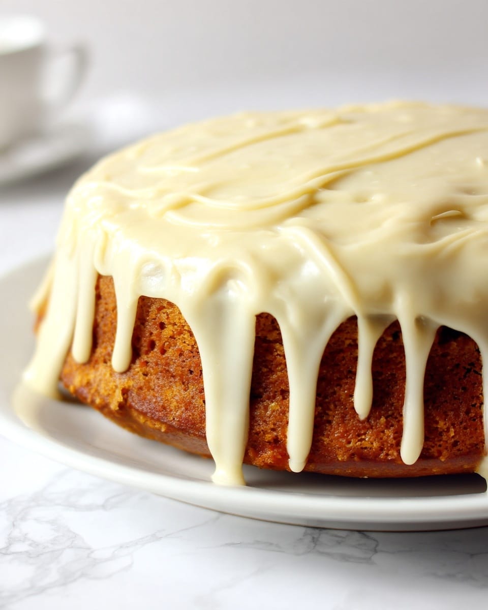 A round cake with a golden brown base layer sits on a white plate on a white marbled surface. The cake is covered with thick, creamy off-white icing that drips unevenly down the sides in smooth, wide layers, giving it a soft and rich texture. The icing appears to be freshly applied, with some areas thicker and others thinner, adding a natural and inviting look. The background is bright, making the cake and its creamy topping stand out clearly. photo taken with an iphone --ar 4:5 --v 7