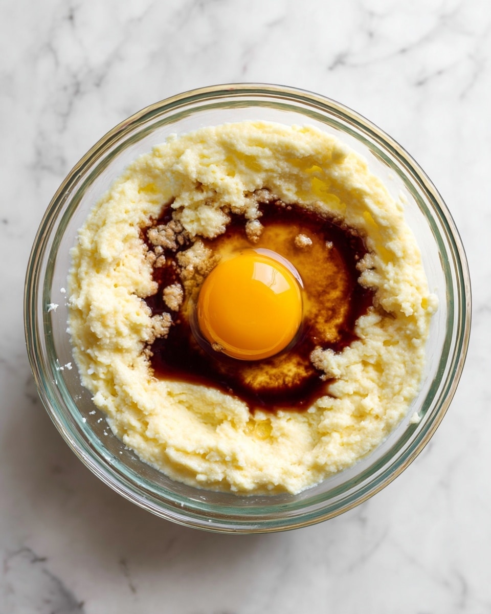 A clear glass bowl sits on a white marbled surface, filled with a creamy pale yellow mixture that has a soft, fluffy texture. In the center of the mixture rests one raw egg yolk with a smooth, shiny surface and a rich yellow color, surrounded by a small pool of dark brown vanilla extract resting just beside the egg yolk. The bowl shows remnants of the creamy mixture clinging lightly to the sides, creating a textured contrast with the smooth ingredients in the middle photo taken with an iphone --ar 4:5 --v 7