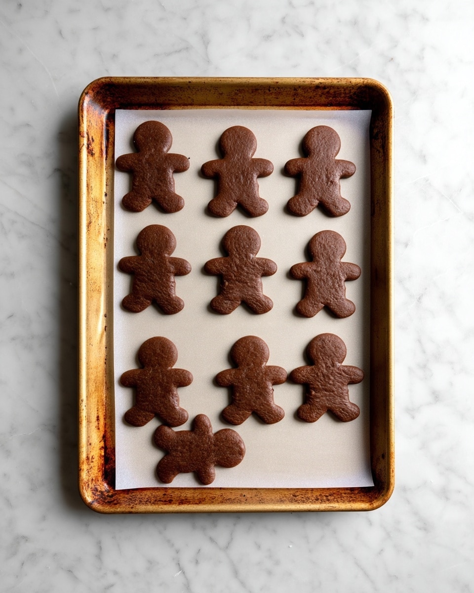 A baking tray with a light brown, worn look holds a layer of white parchment paper. On top, there are eleven dark brown gingerbread man cookies evenly spaced; nine are standing upright, and two are lying sideways at the bottom. Each cookie has a matte texture and simple shapes with round heads, straight arms, and legs, showing no decoration. The tray sits on a surface with a white marbled texture. Photo taken with an iphone --ar 4:5 --v 7