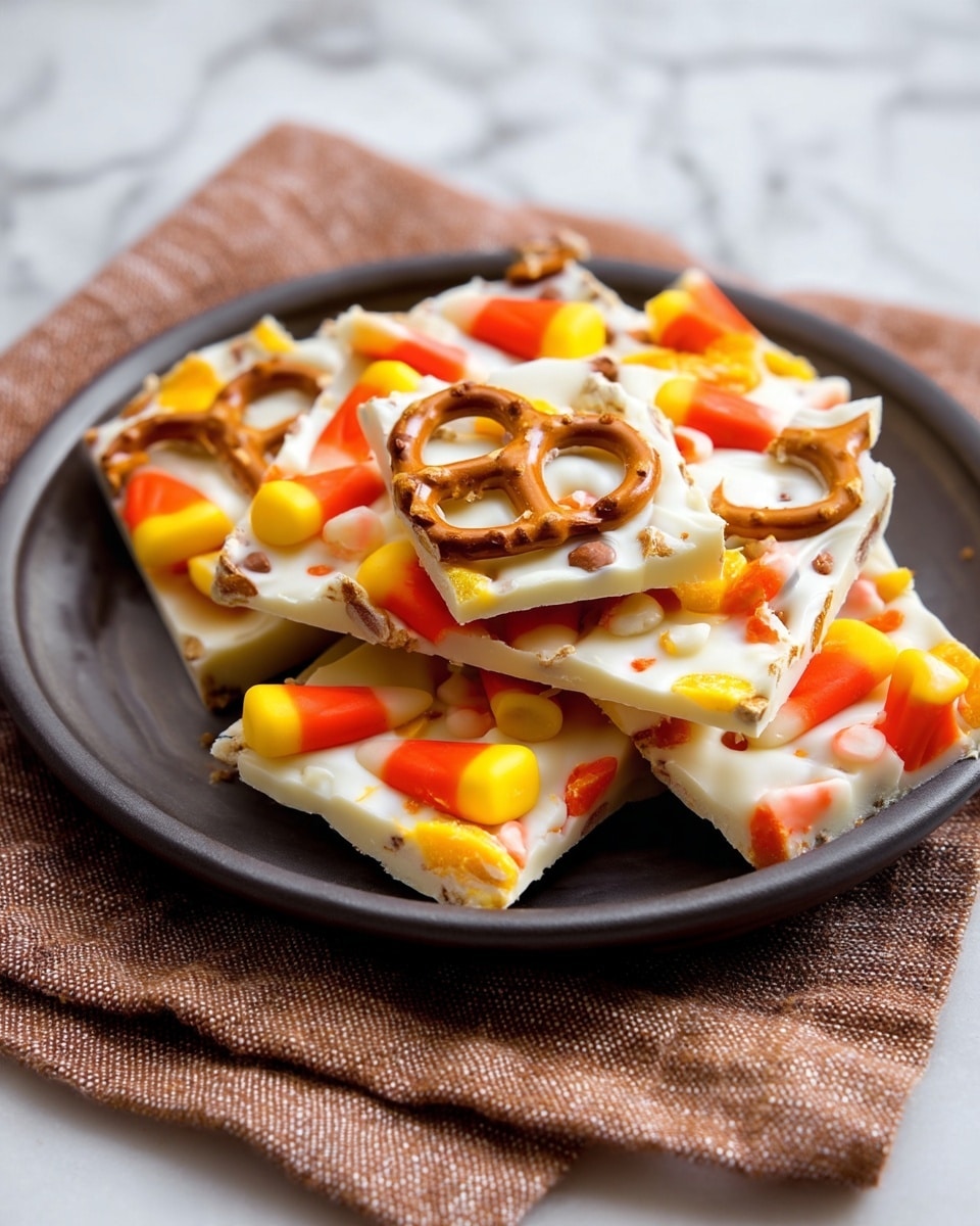 A stack of white chocolate bark pieces is shown on a dark plate. Each piece has three visible layers: a smooth, creamy white chocolate base, scattered orange, yellow, and white candy corn pieces embedded on the surface, and crunchy brown pretzels placed on top. The bark surface looks creamy and firm with the colorful candy corn bits adding bright pops of color, and the pretzels add a shiny textured contrast. In the background, there are loose pretzels and some candy corn on a brown cloth, all set on a white marbled surface. photo taken with an iphone --ar 4:5 --v 7