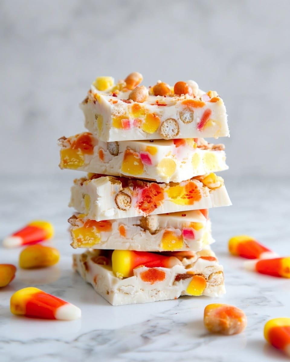 A stack of four square pieces of white fudge bar is placed on a white marbled surface, each layer filled with colorful ingredients. The fudge layers have a creamy white texture with visible small round cereal pieces and irregular chunks of orange, yellow, and red candy corn mixed inside. The top two layers show more of the cereal balls, while the bottom layers highlight the bright candy corn pieces more clearly. Around the stack, a few candy corn pieces lie scattered on the surface, creating a playful contrast with the white marbled background. Photo taken with an iphone --ar 4:5 --v 7