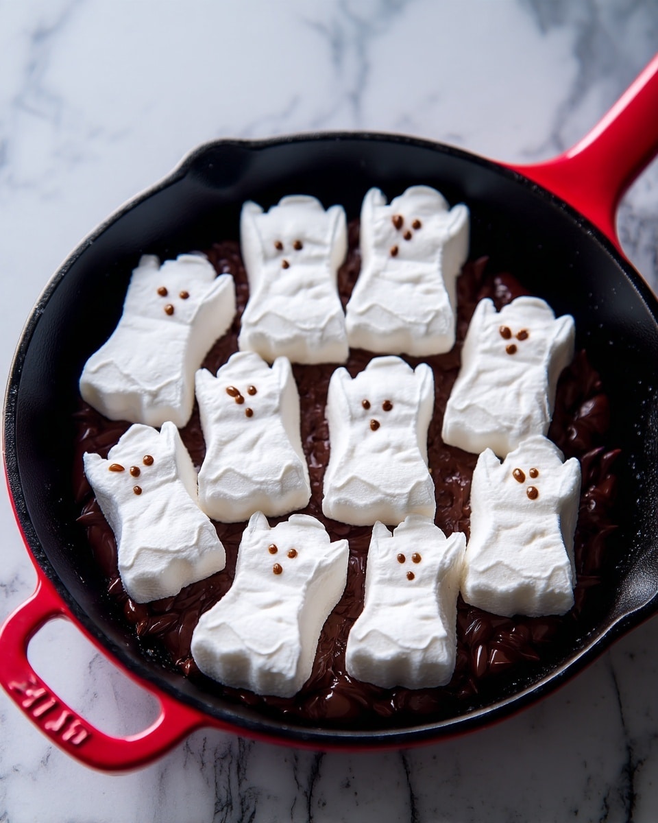A black skillet with a red handle holds a layer of melted dark brown chocolate at the bottom. On top, there are nine white marshmallows shaped like small ghosts, each with three small brown dots for eyes and mouth. The marshmallows are arranged close together, slightly overlapping in some areas, against a white marbled surface. photo taken with an iphone --ar 4:5 --v 7
