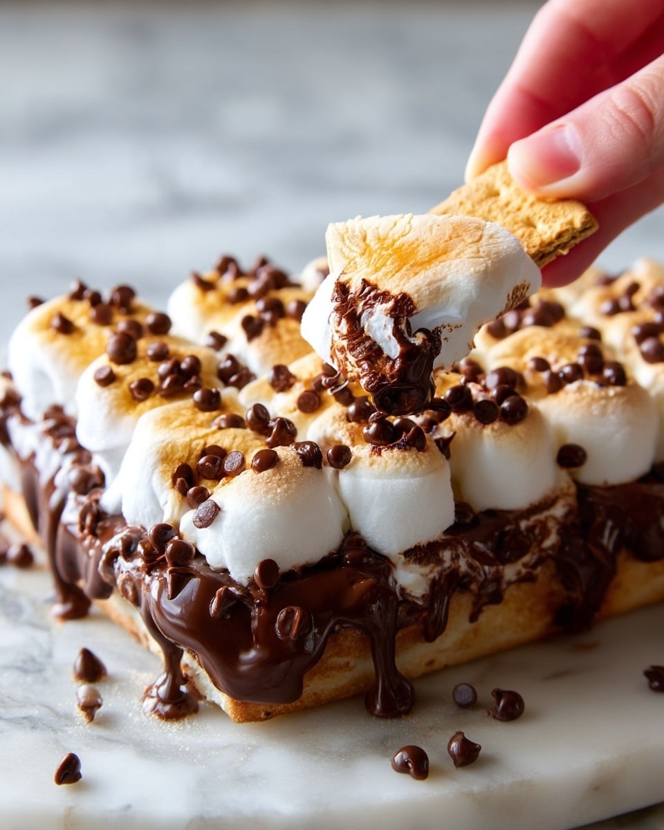 The image shows a close-up of a toasted marshmallow and melted chocolate dessert topped with chocolate chips on a white marbled surface. There are multiple layers of toasted marshmallows, each with a light golden-brown top texture, covering a creamy white base. Between the toasted marshmallows, rich dark melted chocolate is visible, oozing out as a crunchy, golden-brown cracker is being dipped into the dessert by a woman's hand from the right side. The chocolate chips are small and scattered on top of the toasted marshmallows, adding small dark brown spots to the soft texture. photo taken with an iphone --ar 4:5 --v 7