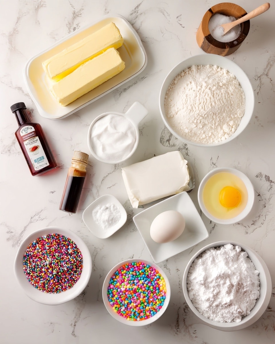 The image shows a white marbled surface with various baking ingredients arranged neatly. There is a white rectangular plate holding two sticks of butter in the top left corner. Near the center, there is a block of cream cheese, and to its right, a cracked raw egg in a small white bowl. Above these, a larger white bowl filled with flour sits next to a smaller white bowl with granulated sugar. At the top left, there is a small bottle of vanilla extract and a small glass bottle with a dark liquid, both placed close to each other. Below the cream cheese, a small white bowl contains baking soda or powder, and next to it, a slightly larger white bowl holds powdered sugar. In the bottom left corner, there is a white bowl filled with colorful round sprinkles. On the top right, part of a wooden salt shaker and a small wooden spoon are visible. Each ingredient is clearly distinguished by its color and texture on the white marbled background. photo taken with an iphone --ar 4:5 --v 7