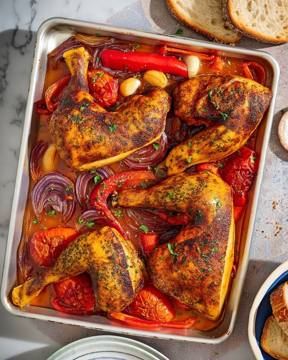 A silver baking tray filled with four large roasted chicken leg quarters, each with a golden-brown crispy skin seasoned with herbs and spices. The chicken is arranged in a loose circle. Surrounding the chicken pieces are roasted vegetables including red bell pepper strips, large chunks of roasted red onion with charred edges, halved roasted tomatoes with wrinkled skin, and whole cloves of roasted garlic, all sitting in a light orange roasted vegetable juice. Small sprinkles of fresh green herbs are scattered on top. The tray is set on a white marbled surface with slices of toasted bread and a blue and white bowl with a creamy sauce visible around the edges of the image. Photo taken with an iphone --ar 4:5 --v 7