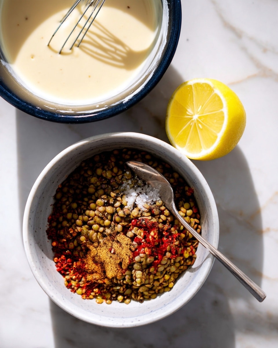 A white bowl filled with green lentils layered with red chili flakes, brown ground spice, and a sprinkle of salt on top, with a silver spoon resting inside. Next to it, a halved bright yellow lemon is placed on a white marbled surface. Behind the bowl, there is a dark blue bowl filled with creamy light beige sauce speckled with black pepper, and a metal whisk inside. The setup is on a white marbled surface with natural lighting. photo taken with an iphone --ar 4:5 --v 7