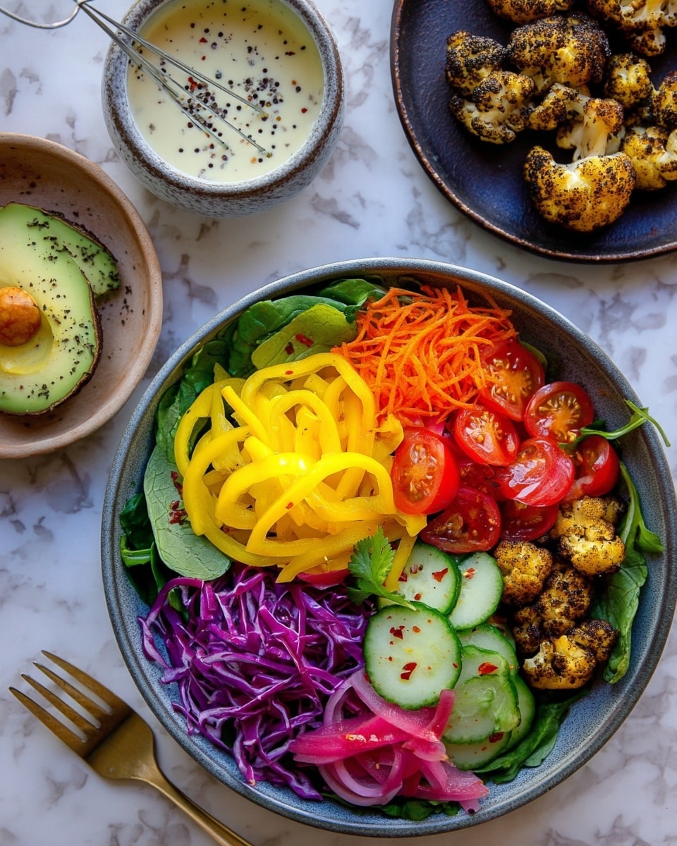 The image shows a bowl with layers of food starting with green lentils as the base, topped with fresh spinach leaves. On top are colorful layers including bright yellow bell pepper strips, shredded orange carrots, sliced cucumbers with red chili flakes, quartered red cherry tomatoes, purple cabbage shreds, pickled pink onions, and small pieces of roasted cauliflower, all garnished with fresh green cilantro leaves. A golden spoon rests inside the bowl on the right side. Nearby, a dark plate holds sliced almonds, an avocado half with black pepper sprinkled on it is partially visible on the left, and a small white bowl with a light creamy sauce and black pepper with a whisk inside is at the top left. The setting has a white marbled texture background photo taken with an iphone --ar 4:5 --v 7