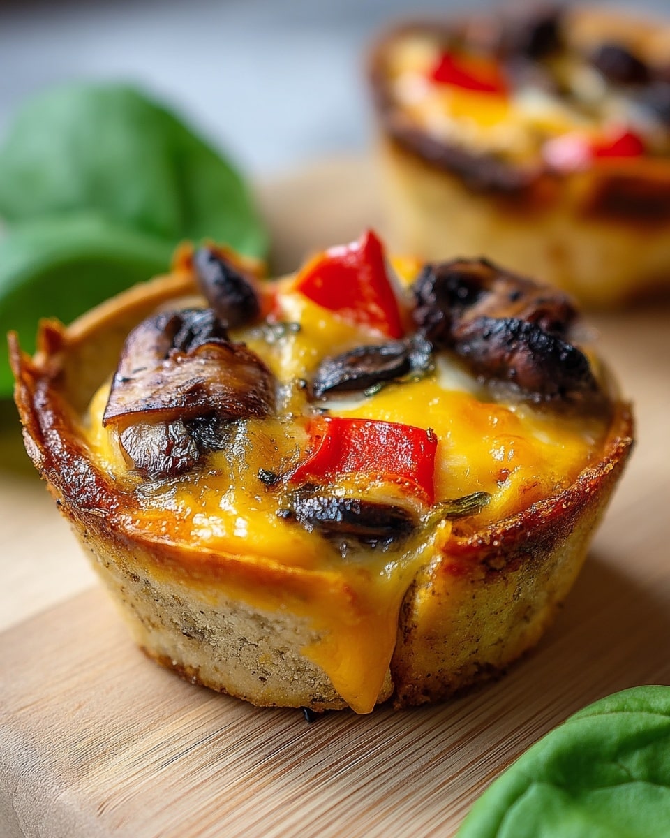 The image shows a small tart on a light wooden surface, filled with layers including a golden, crispy crust on the outside, melted yellow cheese covering the inside, and pieces of red bell pepper and dark brown mushrooms scattered on top. The tart looks warm and slightly shiny from the melted cheese. There is a green leaf nearby on the surface, adding a touch of color contrast. Photo taken with an iphone --ar 4:5 --v 7