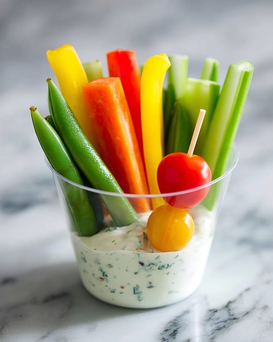 Three clear small cups are placed side by side on a white marbled surface. Each cup has one bottom layer of thick white creamy dip with visible small green herb bits. Inside the dip, different fresh vegetable sticks stand upright: bright green celery sticks, orange carrot sticks, red bell pepper strips, and snap peas. Each cup also contains small, colorful cherry tomatoes in yellow, red, and dark greenish-purple hues scattered among the sticks. The cups are evenly spaced and the light is soft, highlighting the fresh colors of the vegetables. photo taken with an iphone --ar 4:5 --v 7
