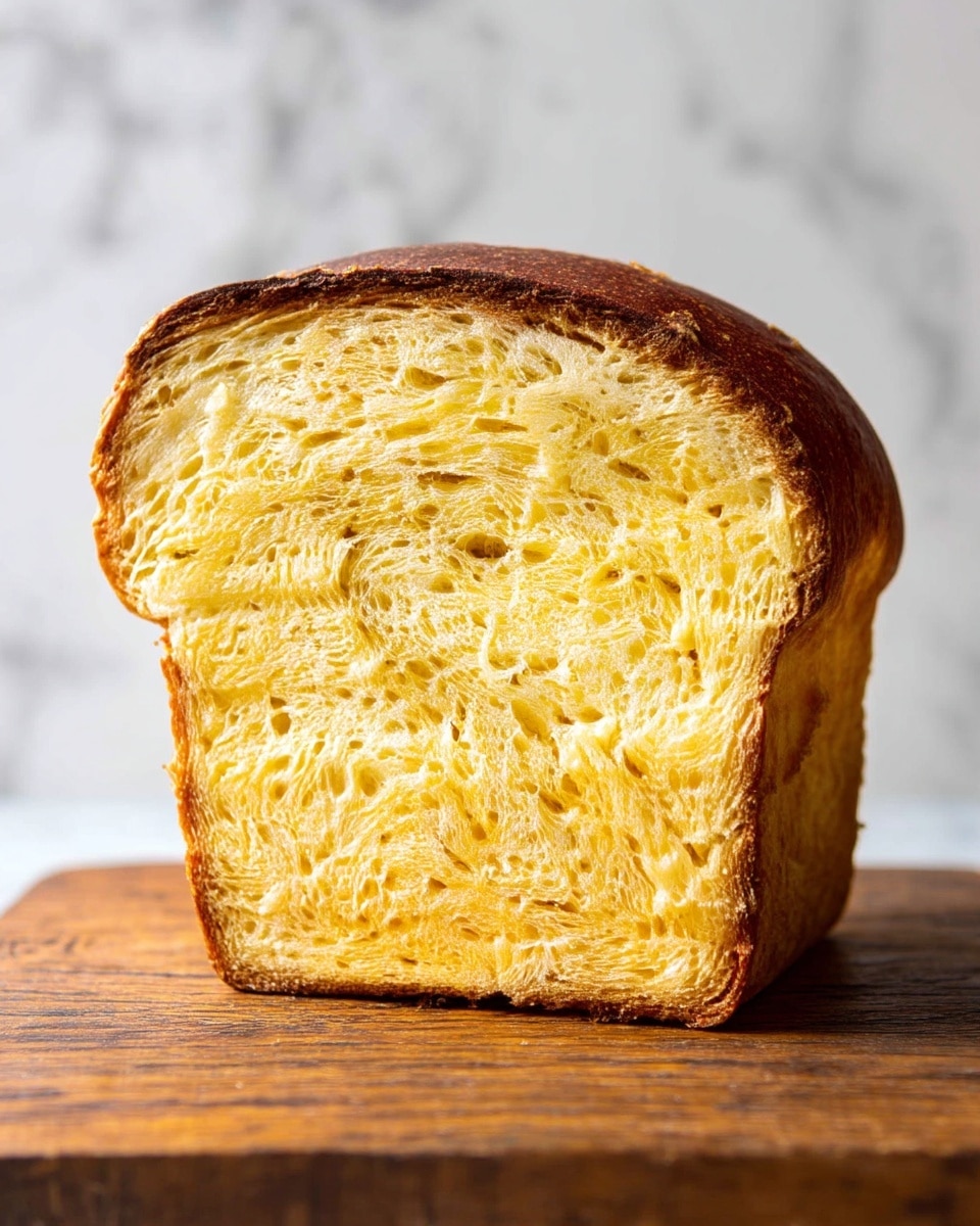 A close-up view of a single slice of golden-yellow bread with a soft and airy texture, showing small air pockets evenly spread throughout. The top crust is darker brown and slightly rough, curving smoothly to form the typical loaf shape, while the bottom crust is flat and well-baked, resting on a rustic wooden board with visible grain and natural wear. The background has a soft white marbled texture that contrasts with the warm tones of the bread, providing a clean and simple look. photo taken with an iphone --ar 4:5 --v 7