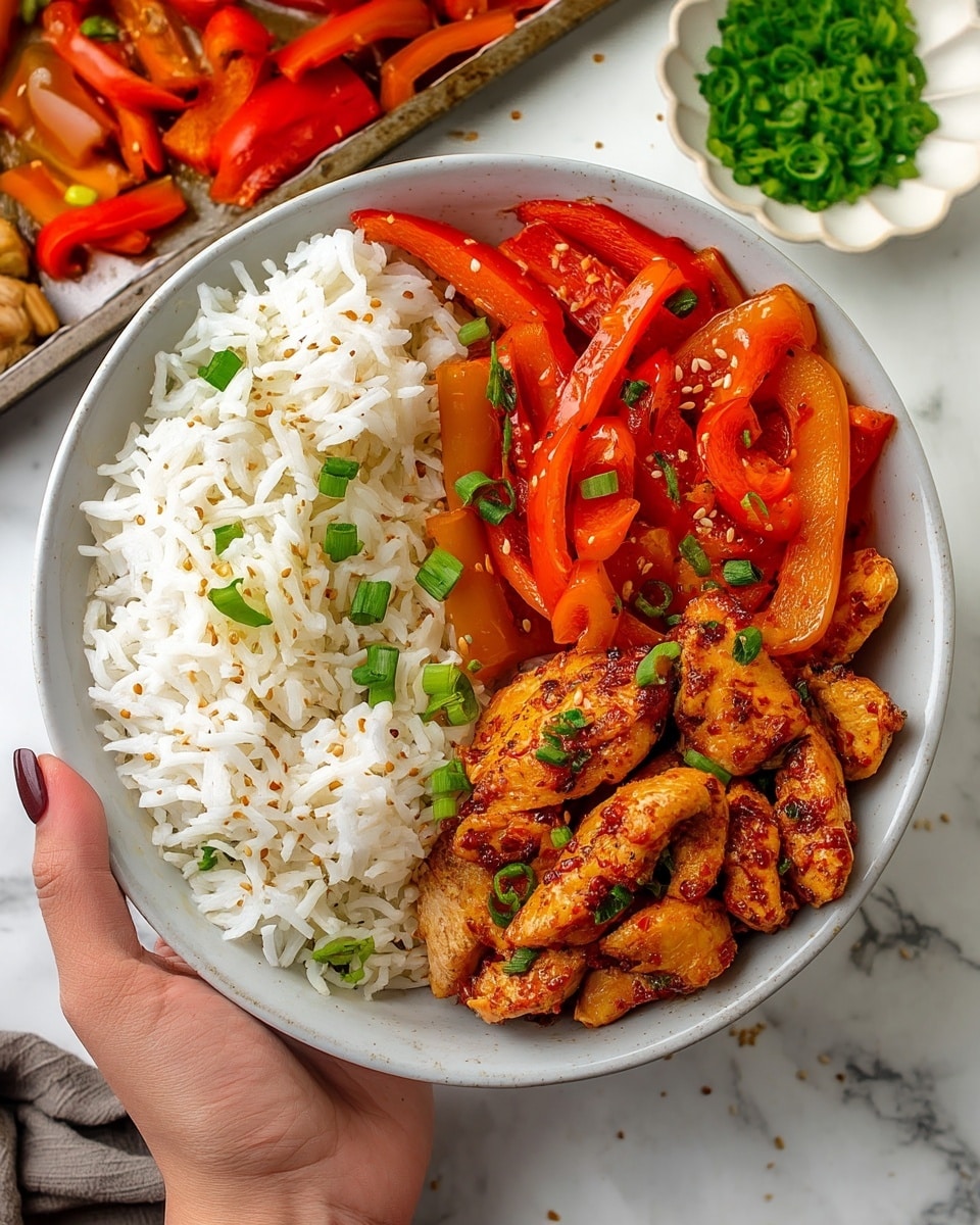 A white bowl holds three distinct layers arranged side by side: on the left, fluffy white rice garnished with chopped green onions; in the middle, vibrant sautéed red bell pepper strips cooked with spices, also topped with green onions; on the right, golden-brown seasoned cooked chicken pieces sprinkled with chili flakes and green onions. The bowl is set on a white marbled surface next to a small white scalloped dish filled with sesame seeds. In the background, a baking tray with roasted red peppers and onions can be partially seen. A woman's hand is holding the bowl from the bottom left corner. Photo taken with an iphone --ar 4:5 --v 7