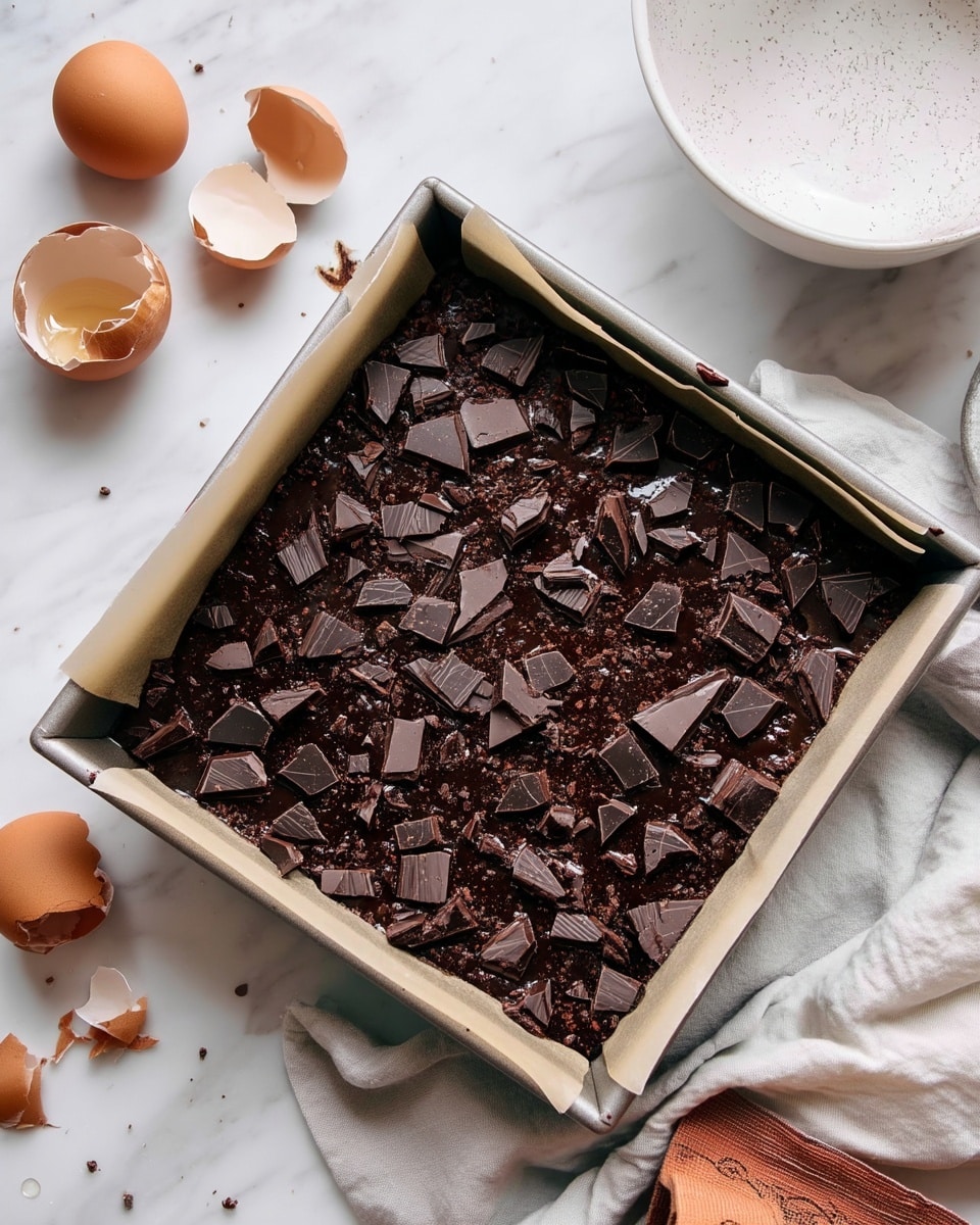 A square baking tin lined with parchment paper filled with a thick layer of dark chocolate pieces broken into chunks and spread evenly across the surface. The tin is placed on a white marbled texture background, next to a white mixing bowl with speckled design, two broken eggshells, a small drop of chocolate, a white empty round plate, and a soft light-colored cloth. The chocolate pieces have a glossy and slightly rough texture with varied sizes. Photo taken with an iphone --ar 4:5 --v 7