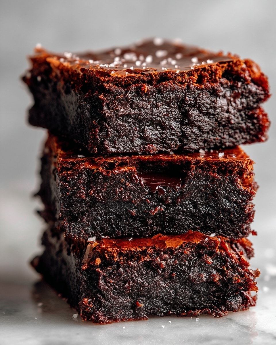 A stack of three dark chocolate brownies is shown close-up on a white marbled surface. The brownies have a dense, moist texture with visible chocolate chunks inside. The top brownie is slightly elevated and shows a rough, crumbly top layer with a few coarse salt flakes scattered on it. Around the stack, blurred pieces of broken chocolate and more brownies can be seen in the background against a dark backdrop. The rich, deep brown color of the brownies contrasts with the light surface. photo taken with an iphone --ar 4:5 --v 7