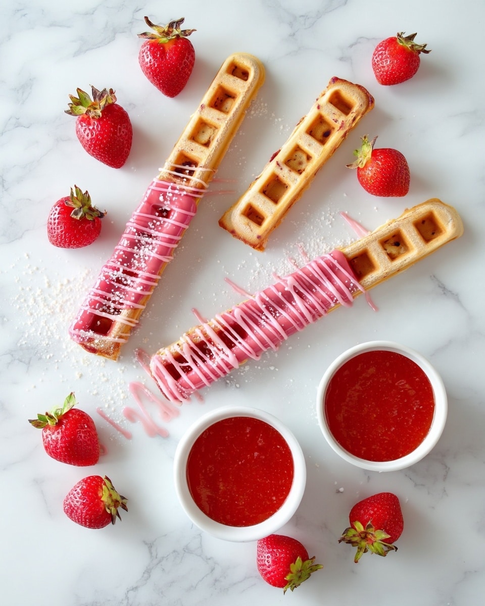 The image shows two pink sticks covered in drizzle, placed diagonally on a white marbled surface. Near each stick are four light brown waffle strips with a soft texture and small square pockets, arranged in two rows of four pieces each. Scattered around these are bright red strawberries with green tops in small groups. Two small white bowls filled with smooth red sauce are positioned near the waffles and strawberries, balancing the layout. The colors are mainly red, pink, light brown, and white, all on a clean white marbled background. photo taken with an iphone --ar 4:5 --v 7