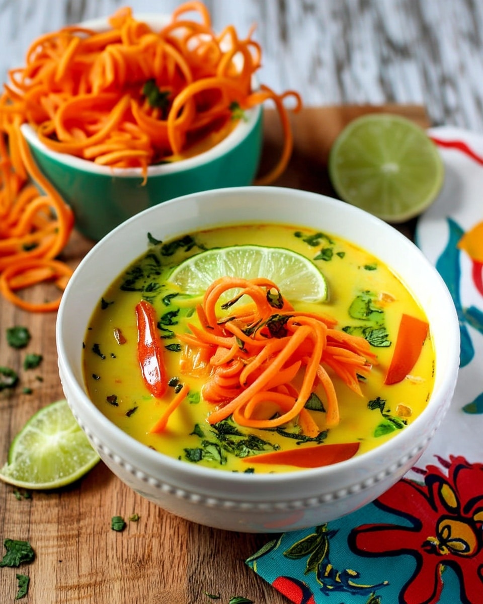 A white bowl filled with a creamy yellow soup that has green herbs sprinkled throughout, with visible orange carrot curls on top and inside the soup, along with some thin red bell pepper strips and a slice of lime partially submerged. Behind it, there is another white bowl overflowing with loose orange carrot spirals. The bowls are placed on a wooden surface with scattered green herb bits and a lime wedge to the side. A colorful cloth with red, blue, yellow, and green patterns sits next to the bowl, and the background shows a white marbled texture with blurred elements. Photo taken with an iphone --ar 4:5 --v 7
