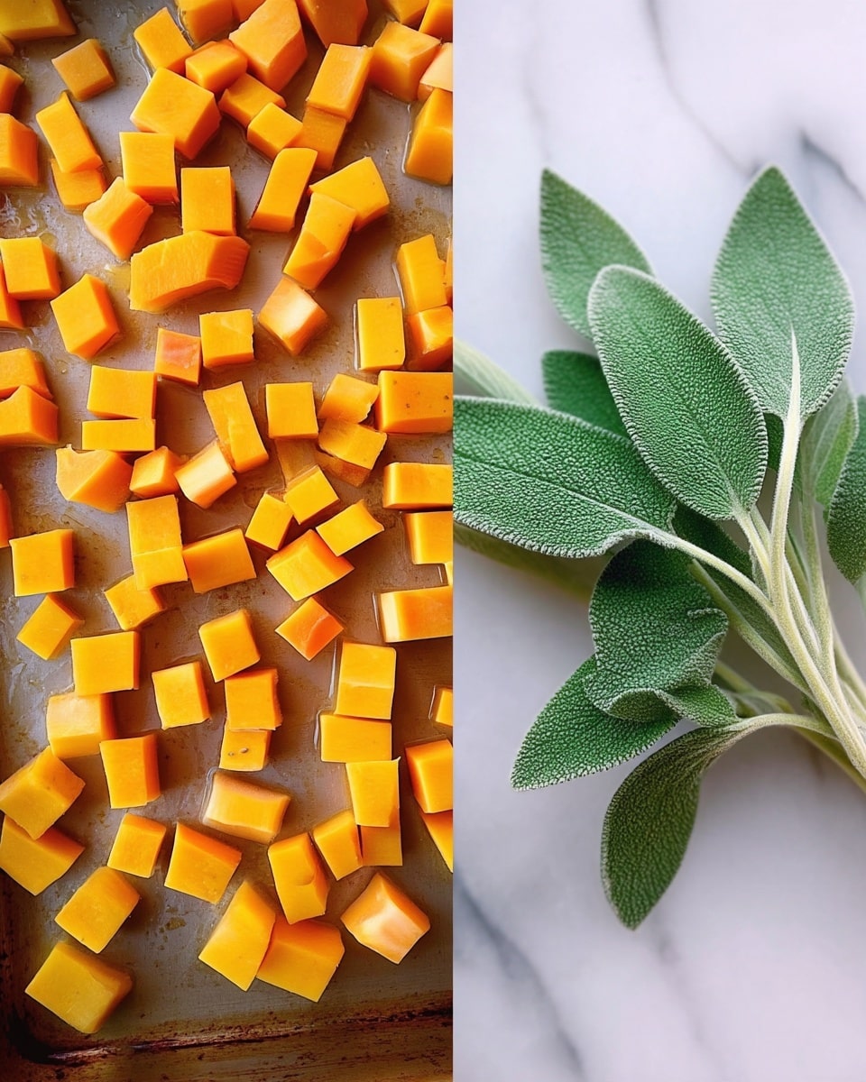 The image shows two parts: on the left, many small orange cubes spread out on a baking tray with a slightly brown surface, each cube has a smooth texture and sharp edges; on the right, a few green sage leaves with fuzzy texture and light veins, resting on a white marbled surface. Photo taken with an iphone --ar 4:5 --v 7