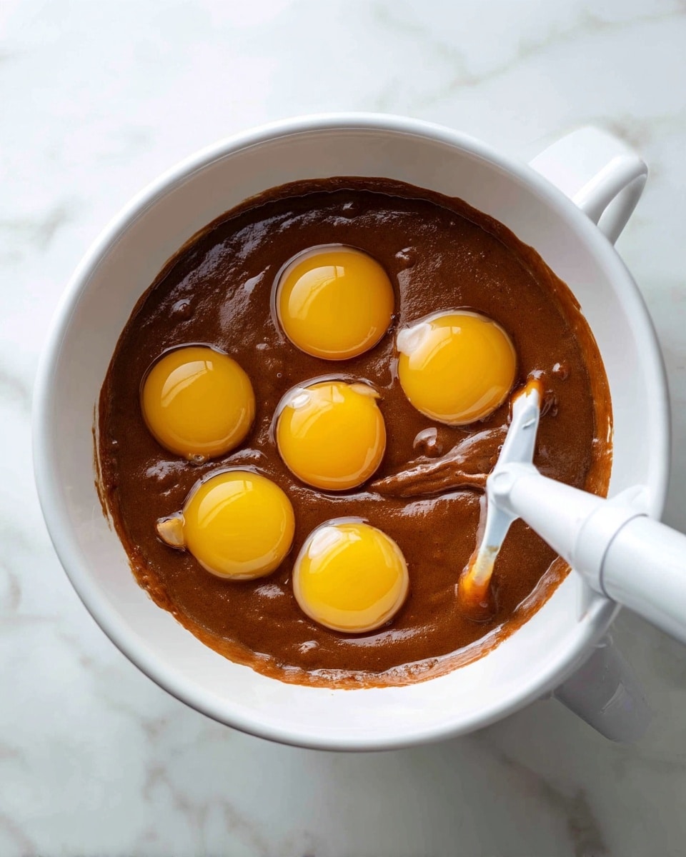 A white mixing bowl with thick, brown chocolate batter filling most of it. Four whole raw eggs with bright yellow yolks sit on top, evenly spaced over the batter. A white mixer attachment rests inside the bowl, partially submerged in the batter. The bowl is on a white marbled surface. Photo taken with an iphone --ar 4:5 --v 7
