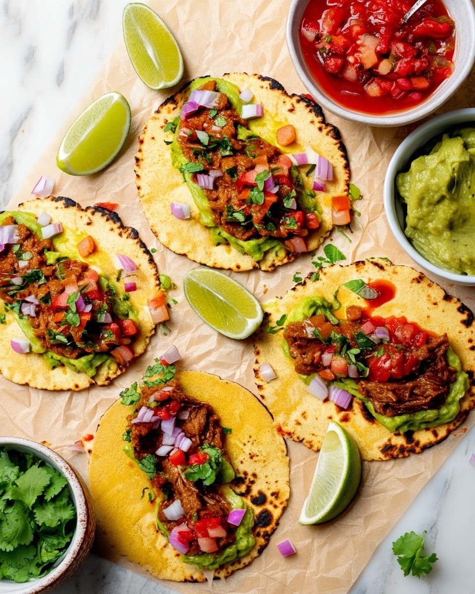 The image shows four small tacos on a white marbled surface with a light brown paper underneath. Each taco has one yellow corn tortilla with slight charring on the edges. On top of each tortilla is a thick layer of green guacamole, followed by a serving of brown, chunky cooked meat sauce. The tacos are garnished with small diced red onions, red tomatoes, and sprinkled with fresh chopped green cilantro. Around the tacos are lime wedges, a white bowl filled with red tomato salsa, another white bowl with chopped red onions, and a white bowl of green guacamole. The colors are vibrant with the tacos arranged neatly, giving a fresh and homemade look. Photo taken with an iphone --ar 4:5 --v 7