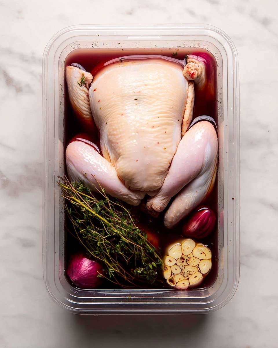 A transparent plastic container filled with a whole raw chicken submerged in a dark reddish-brown liquid. Inside the container, there are three main visible parts of the chicken with pale pink skin. At the bottom right, there is a halved bulb of garlic showing many cloves, and next to it, a small whole onion. On the bottom left side, a bunch of green herbs lay submerged in the liquid. The container is set on a white marbled surface. Photo taken with an iphone --ar 4:5 --v 7