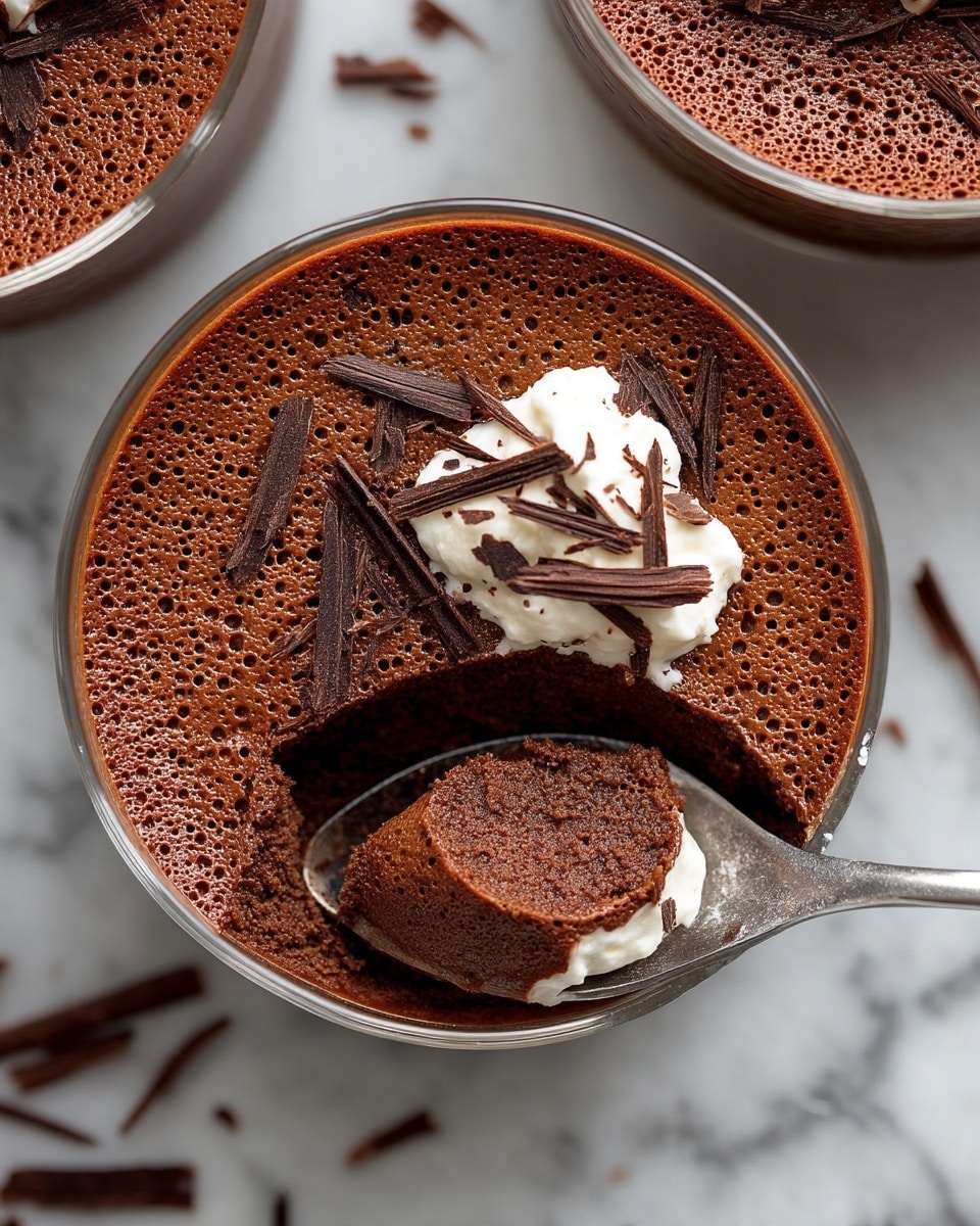 The image shows a close-up top view of a round container filled with a dark brown, fluffy chocolate mousse. The mousse has a light, airy texture with visible small bubbles on the surface. A small scoop has been taken out from the mousse, revealing a smooth inner texture with a dollop of white cream sitting on the edge of the scraped section. Around the main container, part of another container with the same mousse is visible, topped with thin dark chocolate shavings. The containers are placed on a white marbled surface. Photo taken with an iphone --ar 4:5 --v 7