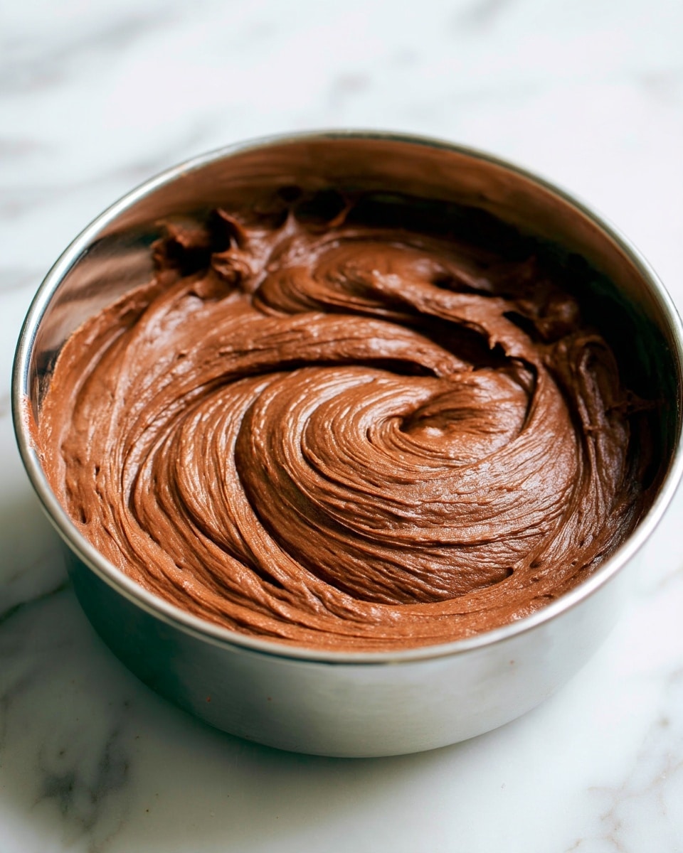 A close-up view inside a round metallic bowl filled with smooth, rich chocolate batter. The batter is thick and creamy with light swirling lines and folds throughout, showing the motion of mixing. The edges of the bowl are clean and the white marbled surface below adds bright contrast. The focus is on the texture and color of the creamy chocolate mix in the metal bowl. photo taken with an iphone --ar 4:5 --v 7