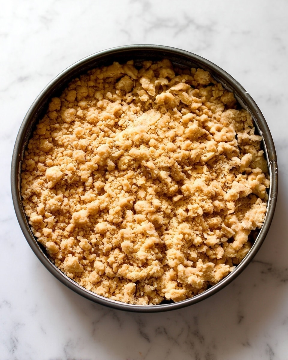 A close-up view of a round springform pan filled with a crumbly mixture topping. The mixture is golden brown with uneven small and medium-sized clumps covering the top layer completely. The texture looks soft and crisp, with the crumb layer scattered irregularly and revealing tiny bits underneath. The pan sits on a white marbled surface. photo taken with an iphone --ar 4:5 --v 7