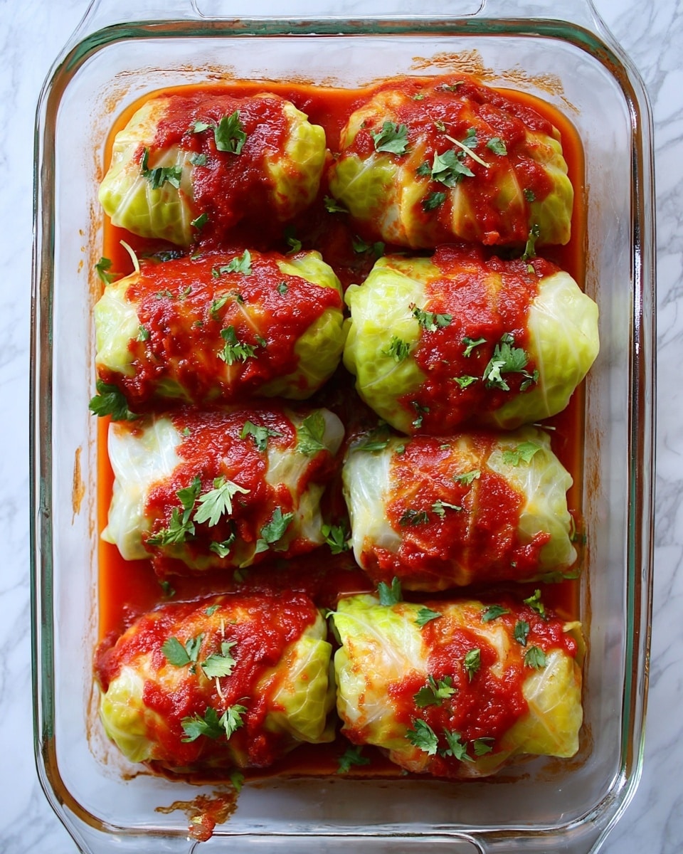 The image shows a glass baking dish filled with six cabbage rolls tightly wrapped in pale green cabbage leaves, each covered in a bright red tomato sauce with a slightly chunky texture. The cabbage rolls are placed close together in a single layer, with some sauce pooling around them at the bottom of the dish. They are sprinkled with small fresh green herb leaves, likely parsley or cilantro, adding a fresh contrast to the red sauce and light cabbage. The baking dish rests on a white marbled surface. Photo taken with an iphone --ar 4:5 --v 7