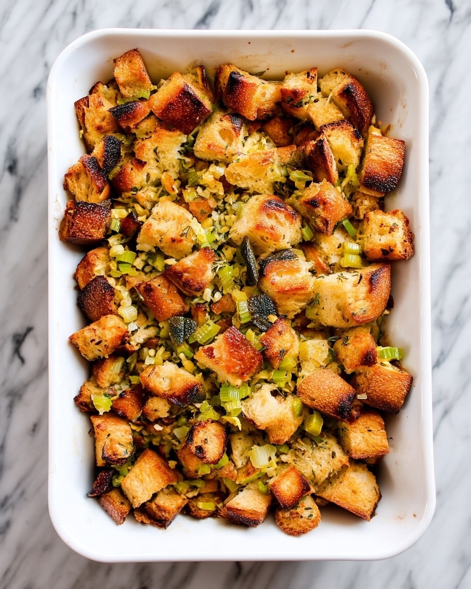 The image shows a white rectangular baking dish filled with a single layer of golden brown toasted bread cubes mixed with small pieces of cooked green vegetables, likely celery and herbs. The bread cubes have varied textures, some lightly browned and others with darker, crisp edges. The mixture looks slightly uneven with a rustic, crunchy appearance. The dish sits on a white marbled surface. photo taken with an iphone --ar 4:5 --v 7
