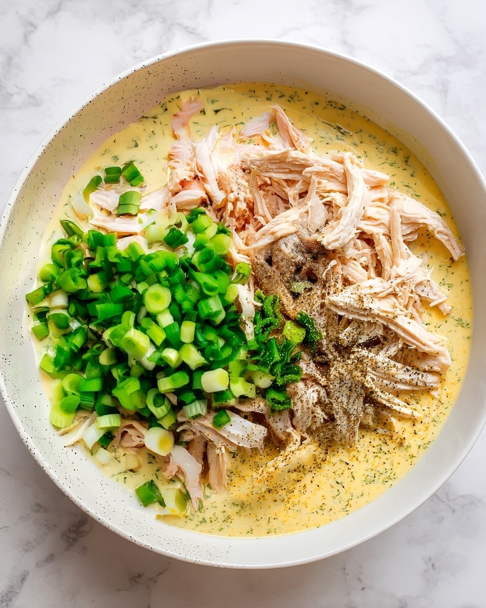 A top view of a white bowl filled with a creamy light yellow sauce mixed with herbs, inside some shredded light pink chicken pieces are placed on one side, and a pile of bright green chopped spring onions is next to the chicken. A sprinkle of black pepper sits on top of the chicken. The bowl is set on a white marbled surface. photo taken with an iphone --ar 4:5 --v 7