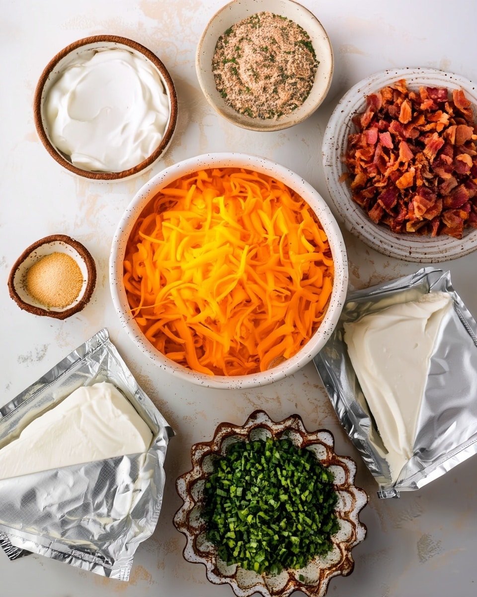 The image shows several small white bowls and plates arranged in a circle on a white marbled surface. In the center, there is a white bowl filled with bright orange shredded cheese. Around it, starting from the top and moving clockwise, there is a small white bowl with a grainy seasoning mix in light brown and green colors, a white plate with finely chopped crispy bacon pieces in reddish brown, a white plate with two wrapped triangular wedges of creamy white cheese, a fluted white bowl holding finely chopped green chives, a small white bowl containing a light yellow powder, and another small white bowl filled with smooth white sour cream. photo taken with an iphone --ar 4:5 --v 7