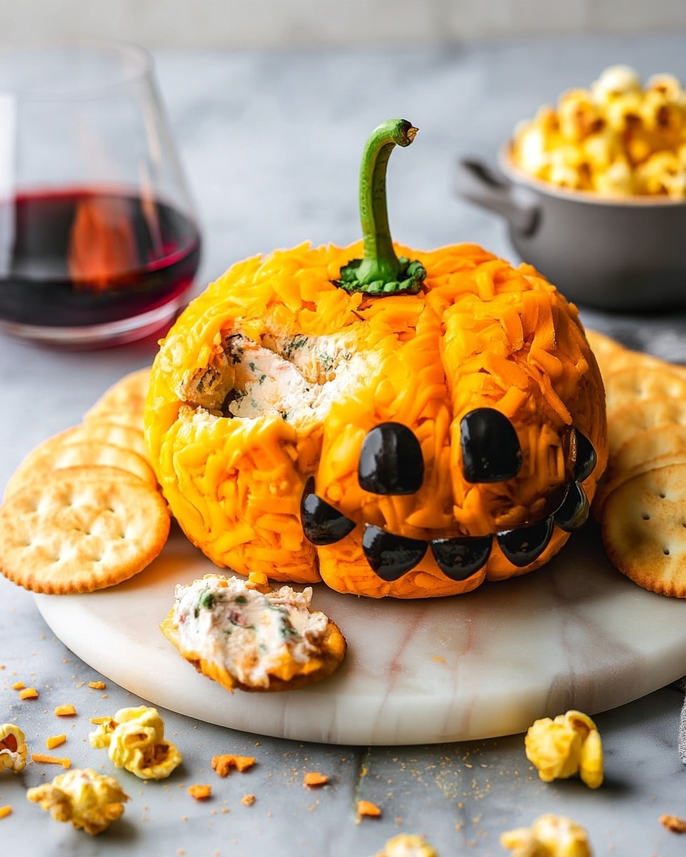 The image shows a round, carved pumpkin-shaped cheese ball covered with shredded bright orange cheese on a white marbled board. A green curved stem is placed on top for decoration. The ball has black olive pieces arranged on the front as eyes and a toothy mouth, creating a jack-o’-lantern face. A small scoop has been taken out from one side, revealing a creamy white cheese layer inside with bits of herbs. Round light-colored crackers are placed around the cheese ball, with one cracker topped with some of the cheese spread in front. In the background, there is a glass with a dark red drink, a bowl of yellow popcorn, and some scattered popcorn pieces on the white marbled surface. photo taken with an iphone --ar 4:5 --v 7