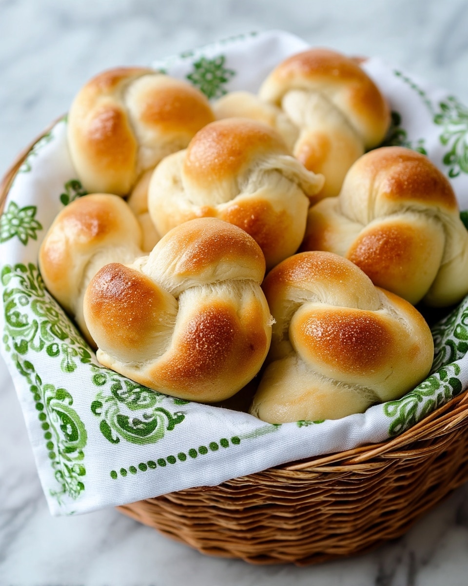 The image shows a basket filled with soft, golden-brown knotted bread rolls. Each roll has a smooth, slightly shiny surface with a light browning on top, indicating they are freshly baked. The bread knots are arranged closely together, showing their roundtings and curved shapes. The basket is lined with a white cloth that has a green floral pattern, and it sits on a white marbled surface. Photo taken with an iphone --ar 4:5 --v 7
