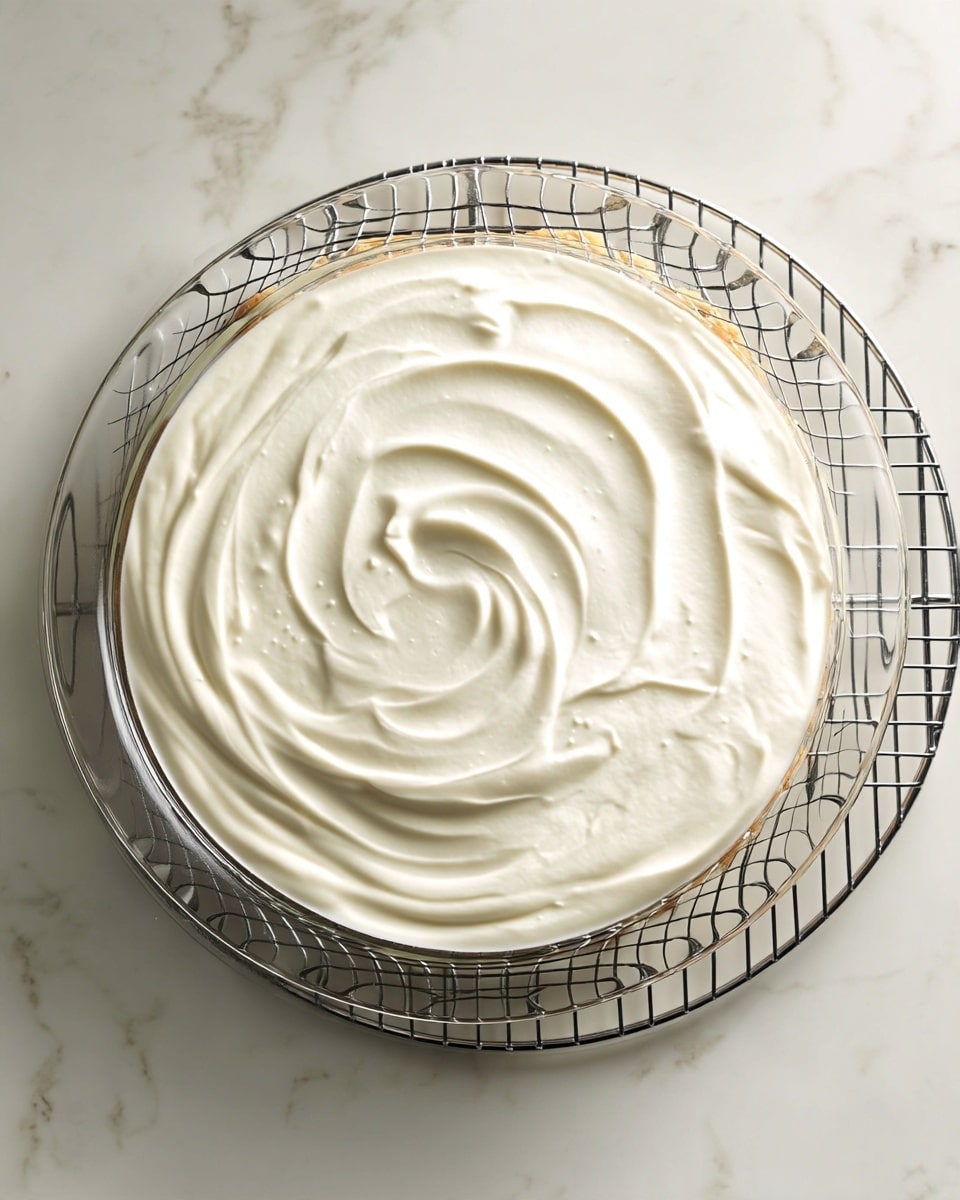A clear glass round pie dish filled with a smooth, thick white cream layer spread evenly with gentle swirl patterns on the surface. The dish is set on a metal wire cooling rack over a white marbled surface. The cream looks soft and rich with a silky texture, covering the entire dish evenly without any visible layers underneath. photo taken with an iphone --ar 4:5 --v 7