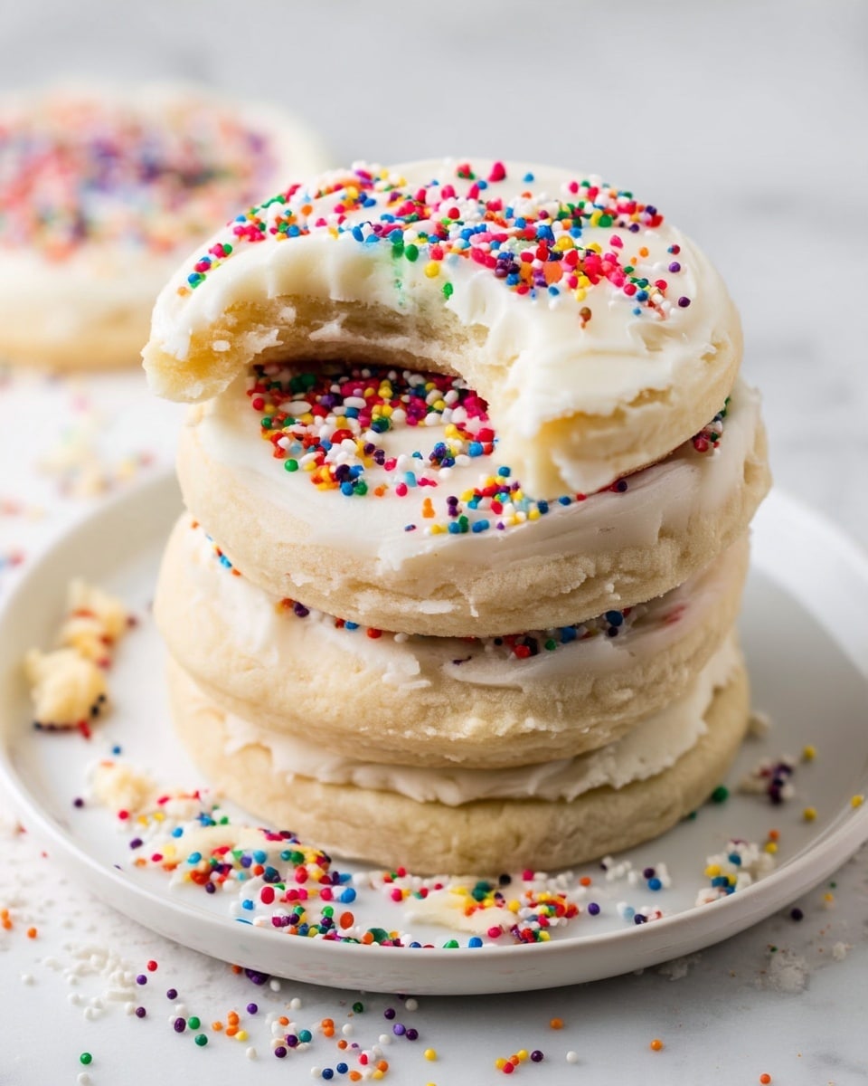 A stack of four round sugar cookies is shown on a white plate, placed on a white marbled surface. Each cookie has a smooth, white frosting layer on top and between them, creating three frosting layers. The top cookie's frosting is decorated with many small, round, colorful sprinkles in red, green, blue, yellow, orange, purple, and white. The top cookie has a bite taken out, revealing the soft texture inside. Some sprinkles and cookie crumbs are scattered around the plate and surface. Photo taken with an iphone --ar 4:5 --v 7