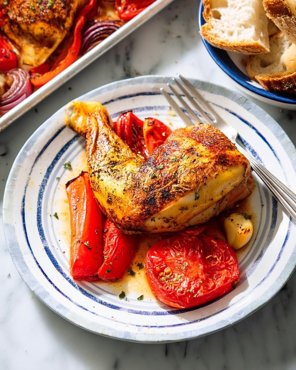 A white plate with blue stripes holds one roasted chicken leg quarter on top of roasted red bell peppers, a large red tomato piece, and garlic cloves, all seasoned and cooked to a golden brown with a slightly charred texture. The chicken has a crispy, seasoned skin with visible herbs sprinkled on top. The plate also has a silver fork resting on the right side near the vegetables. Next to the plate, there is a piece of torn crusty white bread. In the background, a white baking tray contains a similar chicken leg quarter and roasted vegetables. A bowl with more crusty bread is partially visible at the bottom right on a white marbled surface. photo taken with an iphone --ar 4:5 --v 7