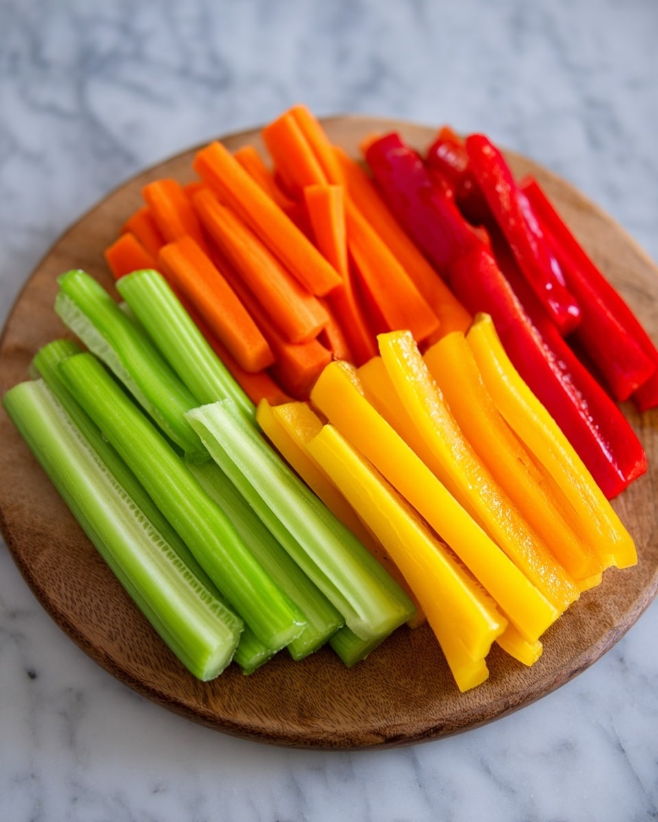 A round wooden board holds neatly arranged vegetable sticks in four main groups. Starting from the left, there are light green celery sticks with a crisp texture, next to them are smooth, darker green celery sticks. Moving right, bright orange carrot sticks with a firm texture are stacked closely. On the far right, there are sticks of red and yellow bell peppers that are glossy and slightly curved. The background shows a white marbled surface. photo taken with an iphone --ar 4:5 --v 7