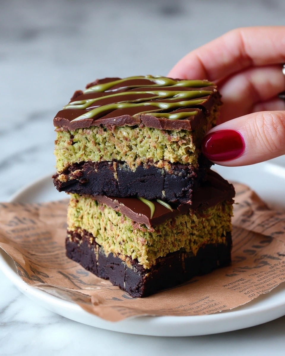 The image shows a close-up view of square pieces of a layered dessert on a white marbled surface. The dessert has three visible layers: the bottom layer is dark brown and looks moist with a dense texture, the middle layer is green with a shredded texture that looks creamy and thick, and the top layer is smooth dark brown chocolate with a shiny finish, decorated with thin, wavy lines of light green drizzle running across all squares. The squares are neatly cut, and the focus is on the front row of the dessert pieces. photo taken with an iphone --ar 4:5 --v 7