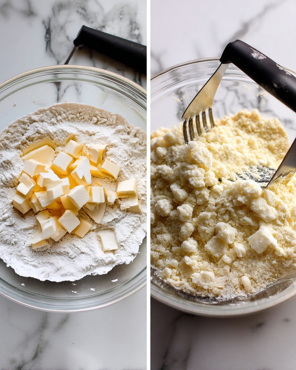 The left side shows a clear glass bowl on a white marbled surface filled with white flour and small cubes of pale yellow butter placed on top. Nearby, a black-handled pastry cutter rests on the surface. The right side shows the same bowl with the flour and butter mixed into a crumbly, coarse dough texture with small lumps visible. The pastry cutter is partially inside the bowl, pressing down on the mixture. photo taken with an iphone --ar 4:5 --v 7