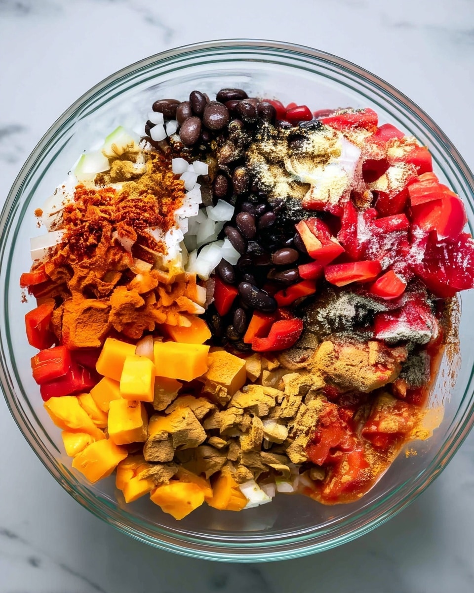 A clear glass bowl sits on a white marbled surface, filled with layers of chopped ingredients arranged in sections. Starting from the top left, there are small white onion pieces mixed with reddish-brown spices, next to a cluster of whole black beans in the center. To the right are bright red chopped tomatoes, some dusted with white and dark spices. Below, there are deeper orange and yellow cubed vegetables mixed with a light dusting of brownish spices, and some more chopped white onions near the bottom. The textures range from soft and wet to dry powders scattered over the ingredients, creating an organized patchwork of vivid colors and textures in the bowl. photo taken with an iphone --ar 4:5 --v 7